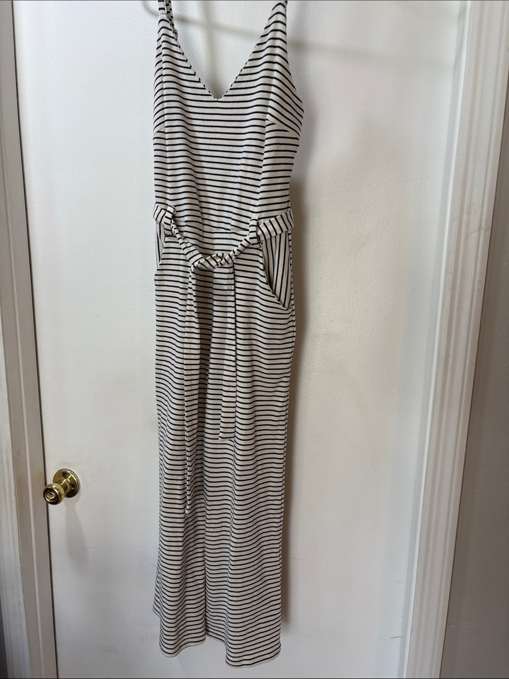 Monteau Ivory and Black Striped Sleeveless V-Neck Jumpsuit